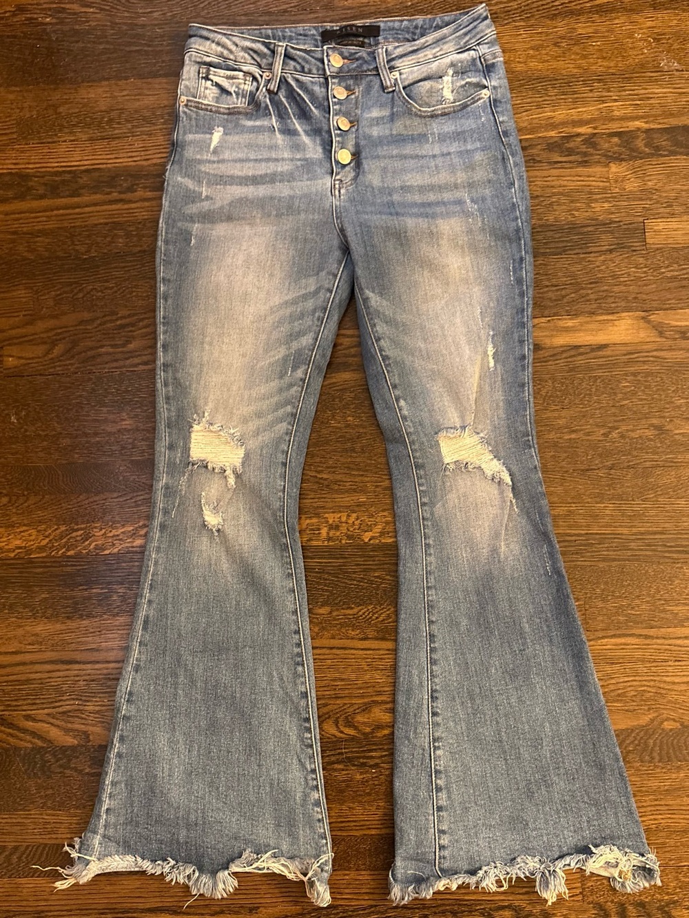 Risen High-Rise Distressed Flare Jeans - Light Blue Button Fly 9/29